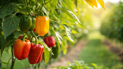 Capsicum hanging on tree in field, Capsicum on tree in natural warm sunlight background