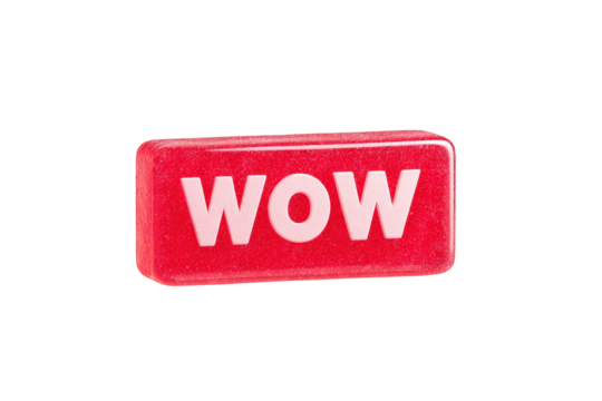 Red WOW Text Block on Transparent Background Bright Color Emphasizing Excitement and Surprise