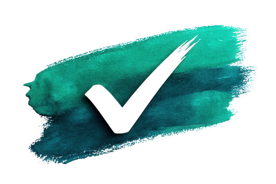 Black Checkmark Icon on Blue Green Brush Stroke Background in Modern Style