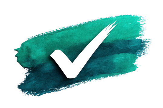 Black Checkmark Icon on Blue Green Brush Stroke Background in Modern Style