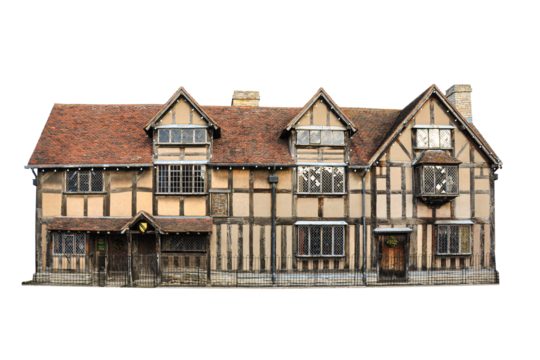 Cutout of William Shakespeare old cottage on Henley Street in Stratford upon Avon, Warwickshire, England, UK. Isolated transparent png