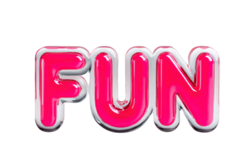Fun Pink Balloon Letters Spelling Fun with Reflective Silver Edges on Transparent Background