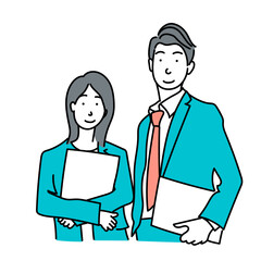 書類を持ったスーツ姿のビジネスパーソン男女、シンプルな線画のベクターイラスト