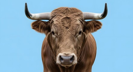 Naklejka premium A close-up portrait of a powerful bull, facing the viewer directly, showcasing its horns.