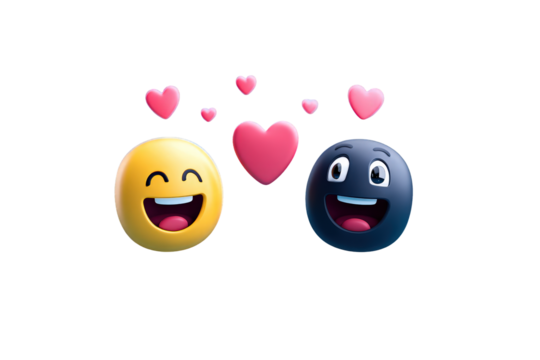 Happy Yellow and Blue Smiley Faces with Pink Hearts on Transparent Background