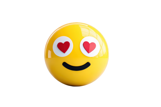 Yellow smiley face emoji with heart eyes on Transparent Background cheerful and expressive