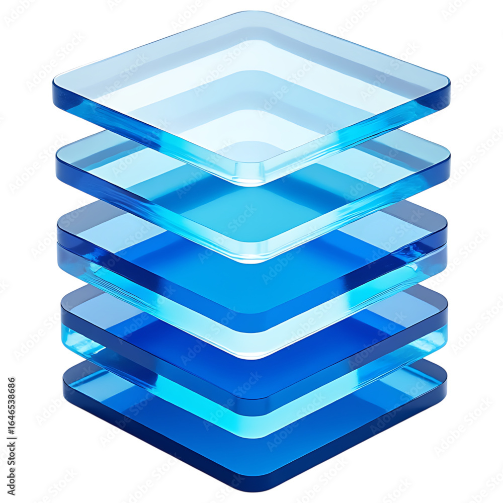 Poster stack of transparent blue glass squares on transparent background for layered design and modern abst