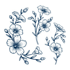 Set of blue flax flower hand drawn illustration. Blue flax flower vector line art collection