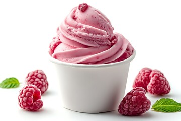 Swirled pink raspberry soft serve ice cream in a white cup with fresh raspberries and mint leaves