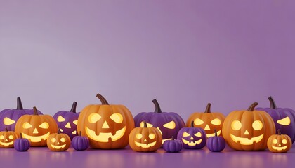 Group of illuminated carved halloween pumpkins with glowing faces on a purple background