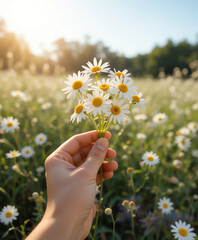 Young girl's hand holding chamomile flowers in sunlight