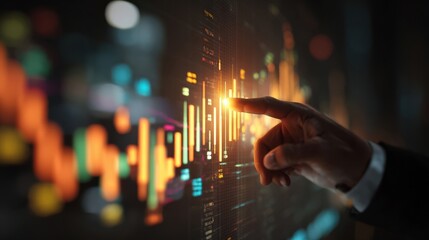 Hand Touching Glowing Financial Data Chart Business Concept.