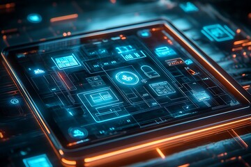 Tablet screen showing digital security interface with lock icon and data charts