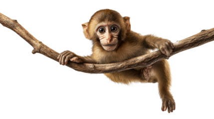 Curious young monkey clinging to a textured wooden branch, cut out transparent