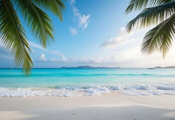 Tropical beach with gentle waves, palm trees, and soft sand during serene morning