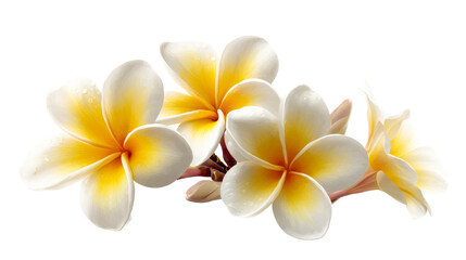 Naklejka premium Group of White and Yellow Frangipani Flowers with Water Droplets on White, cut out transparent