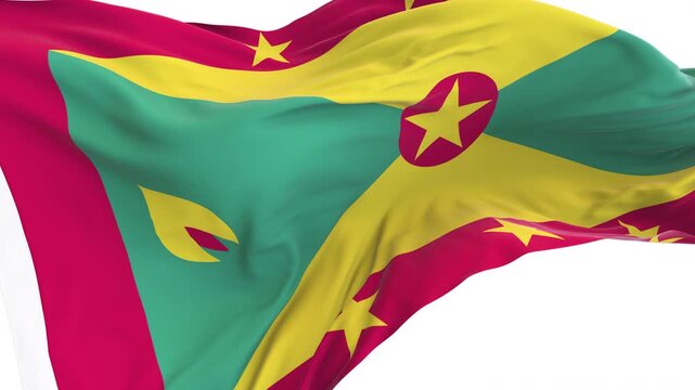 Grenada flag waving and swirling, looping Close-up camera angle with transparent background, with alpha matte layer for transparency in the background.