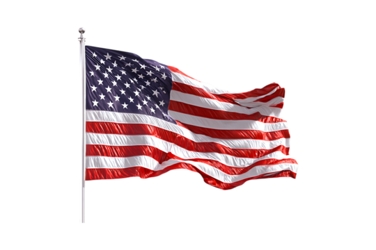 American flag waving on a flagpole isolated on transparent background
