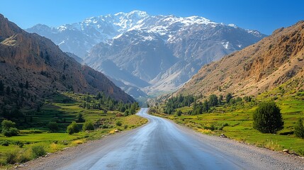 Fototapeta premium Winding Mountain Road to Snow-Capped Peaks Under Clear Blue Sky, Summer Landscape Photo-Realistic HD 