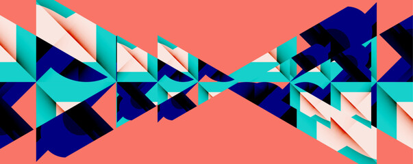 Fototapeta premium Abstract geometric pattern. Shapes overlap, creating dynamic visual effect. Coral background complements blue, teal hues.