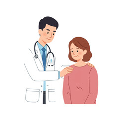 A compassionate doctor comforts a patient with a hand on their shoulder in a flat 2D vector, symbolizing empathy and care in a medical healthcare setting on white background.