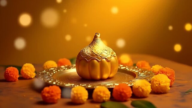 A golden modak placed on a decorative brass plate with marigold garlands and green mango leaves, glowing softly against a deep saffron background.