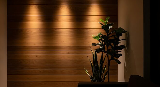 Indoor Plant with Warm Uplighting Against Modern Wooden Slat Wall