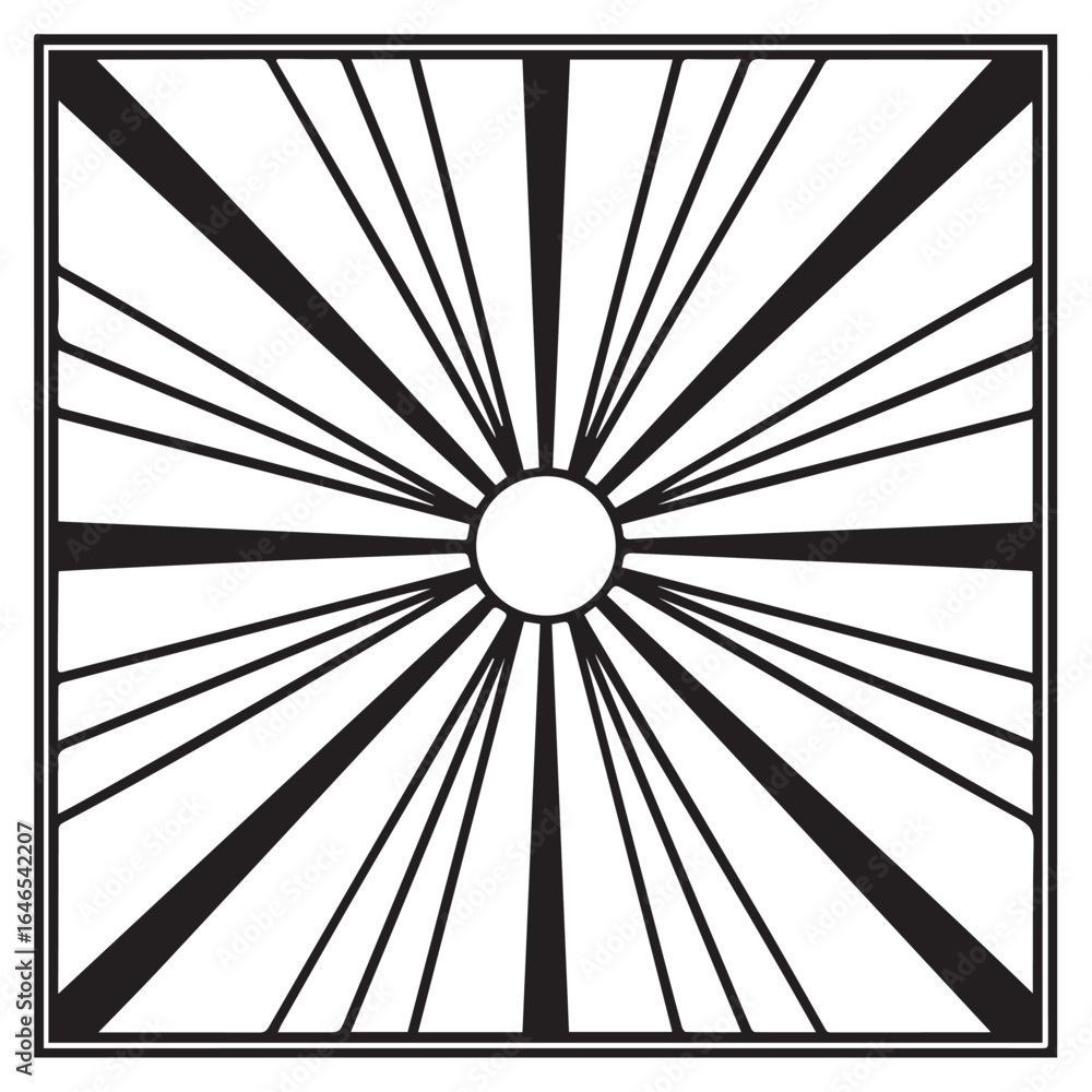 Poster geometric sunburst design with radiant lines and central circle within a square frame