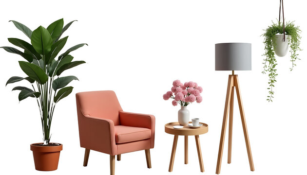 Coral armchair with potted plants and floor lamp isolated on a transparent background
