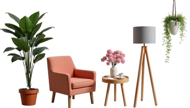 Coral armchair with potted plants and floor lamp isolated on a transparent background
