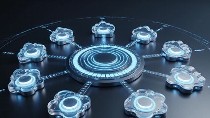 Abstract visualization of data flowing between a central hub and multiple cloud computing nodes.