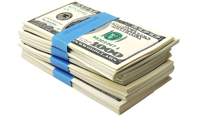 Stack of crisp hundred dollar bills bound with blue straps, symbolizing wealth and financial success