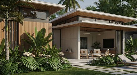 Modern House Exterior with Lush Tropical Garden and Outdoor Patio