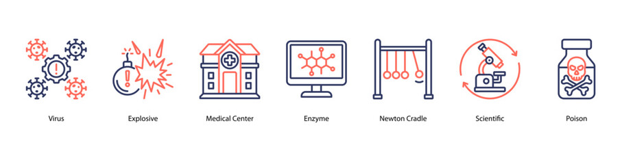 Virus, Risk and Toxicology web banner icon vector illustration featuring Virus, Explosive, Medical Center, Enzyme, Newton Cradle, Scientific, and Poison.