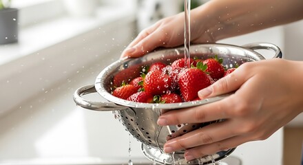Person carefully washing fresh, ripe strawberries in a stainless steel colander under running water.