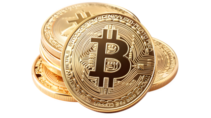 Shimmering gold Bitcoin coins stacked, symbolizing digital wealth and financial innovation.