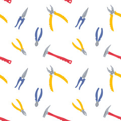 Variety of colored tools including pliers and hammers arranged in a repeating pattern