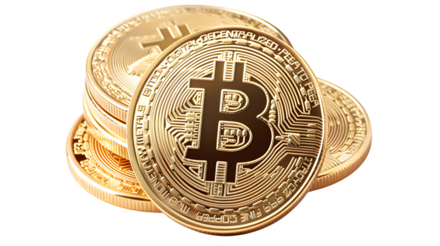 Shimmering gold Bitcoin coins stacked, symbolizing digital wealth and financial innovation. - Powered by Adobe