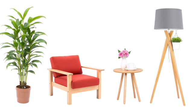 Red Armchair With Potted Plant And Floor Lamp isolated on a transparent background side table