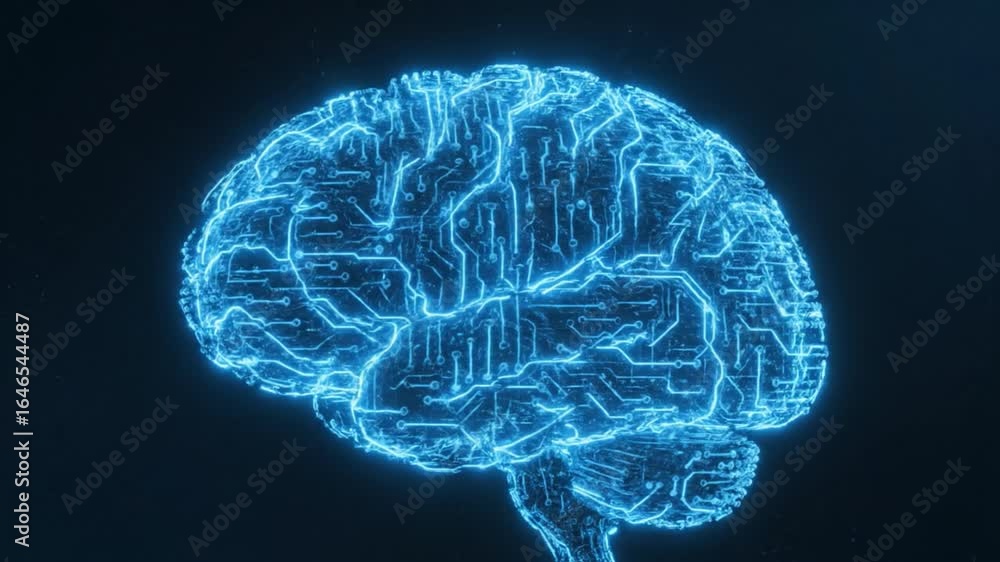 Poster glowing digital brain illustration with intricate circuitry patterns symbolizing artificial intellig