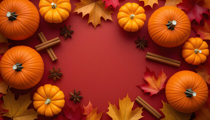 Fototapeta premium Autumnal Still Life Composition of Pumpkins, Maple Leaves and Cinnamon Sticks