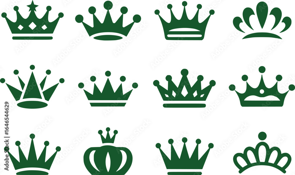Poster array of regal green crowns showcasing variety in design shapes ornamentation and royal symbolism pe