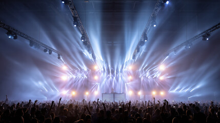 Vibrant Music Festival Stage with Colorful Lights and Energetic Crowd