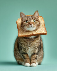 Obraz premium Tabby cat with slice of toasted bread around its head, sitting on teal background in a humorous and quirky portrait