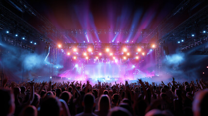Vibrant Music Festival Stage with Colorful Lights and Energetic Crowd