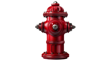 Red Metal Fire Hydrant With Chrome Cap and Attachments on White, cut out transparent