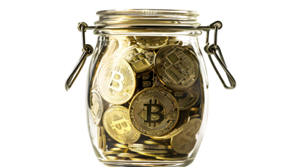 Secure your digital wealth: a jar brimming with golden Bitcoin coins for investment growth and financial freedom.