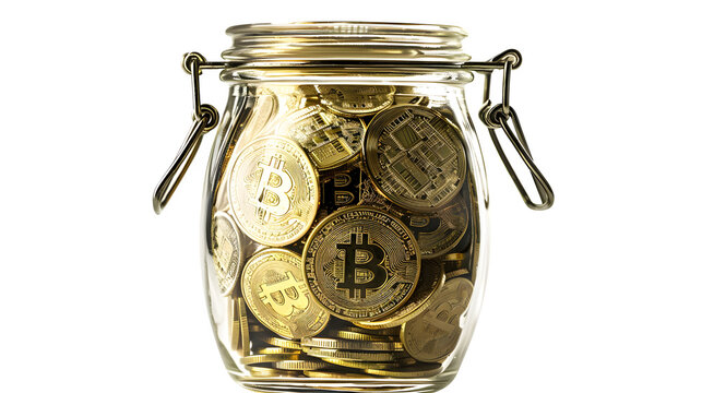 Secure your digital wealth: a jar brimming with golden Bitcoin coins for investment growth and financial freedom.
