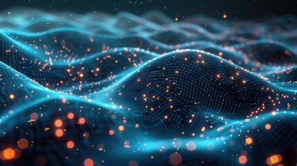 Glowing abstract waves with orange particles floating around