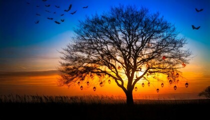 Obraz premium Silhouette Tree at Sunset with Bats and Lanterns halloween background